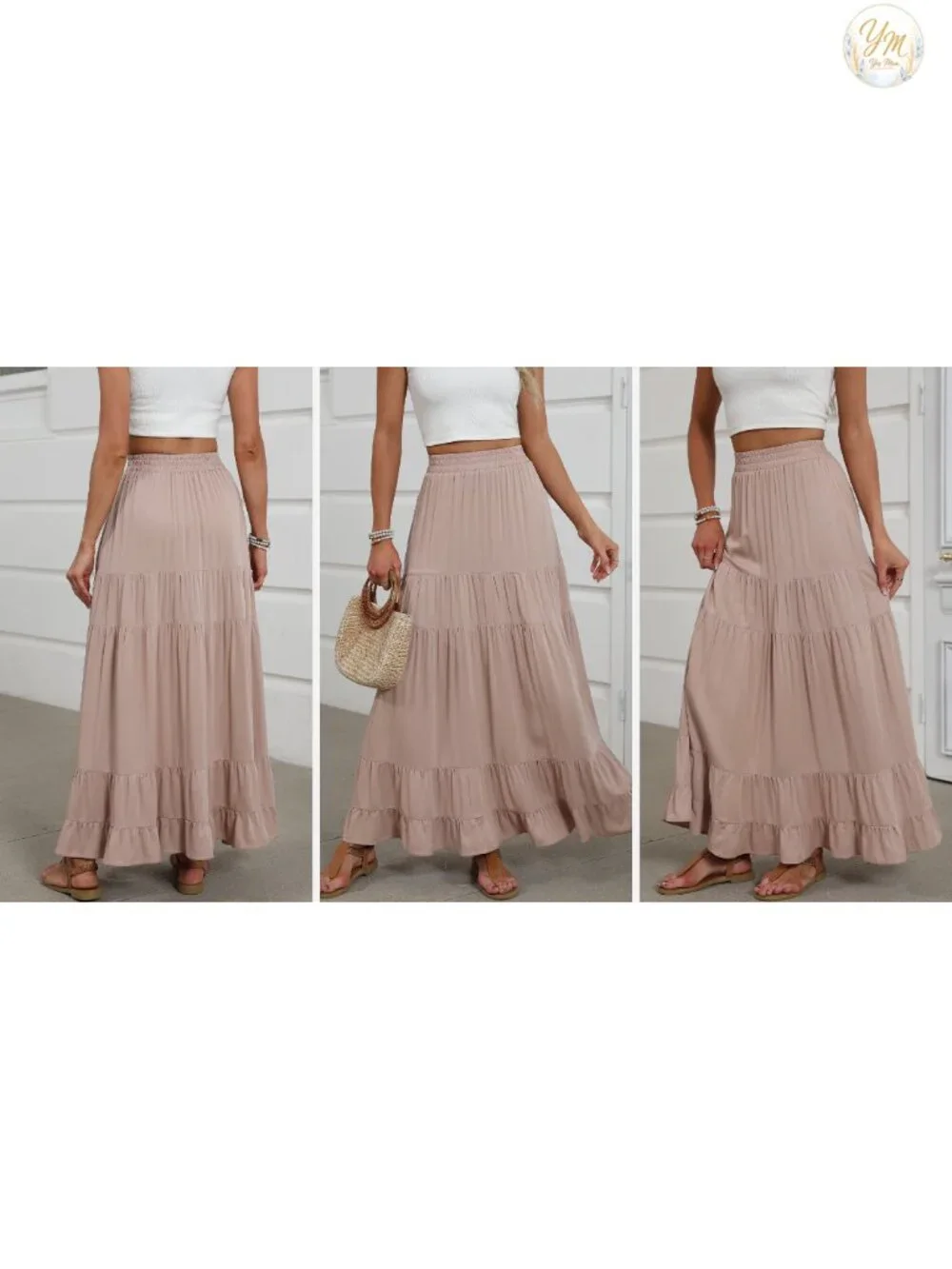 Womens Maxi Skirt Elastic High Waist Tiered A-Line Flowy Pleated Boho Beach